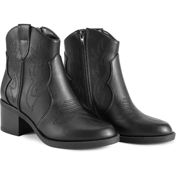 Women's Polyurethane Black Embroidered Round Toe Short Ankle Chunky Heel Boots - Picture 2 of 5